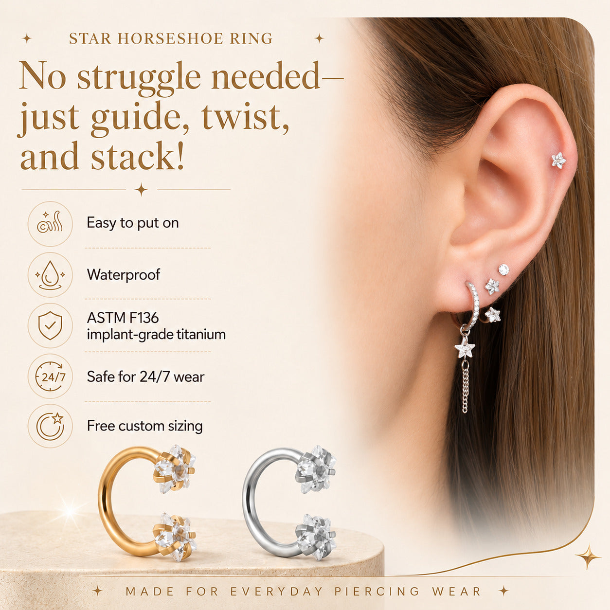 Stars Horseshoe Ring - Stainless Steel & Titanium - Upper Lobe, Helix, Forward Helix - Oumo Jewelry