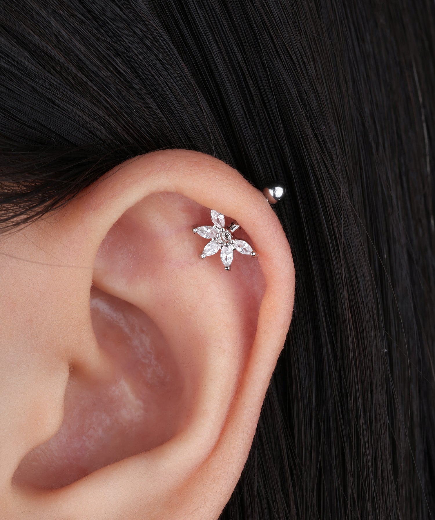 Five-Petal Flower Vertical Helix Stud - OumoJewelry