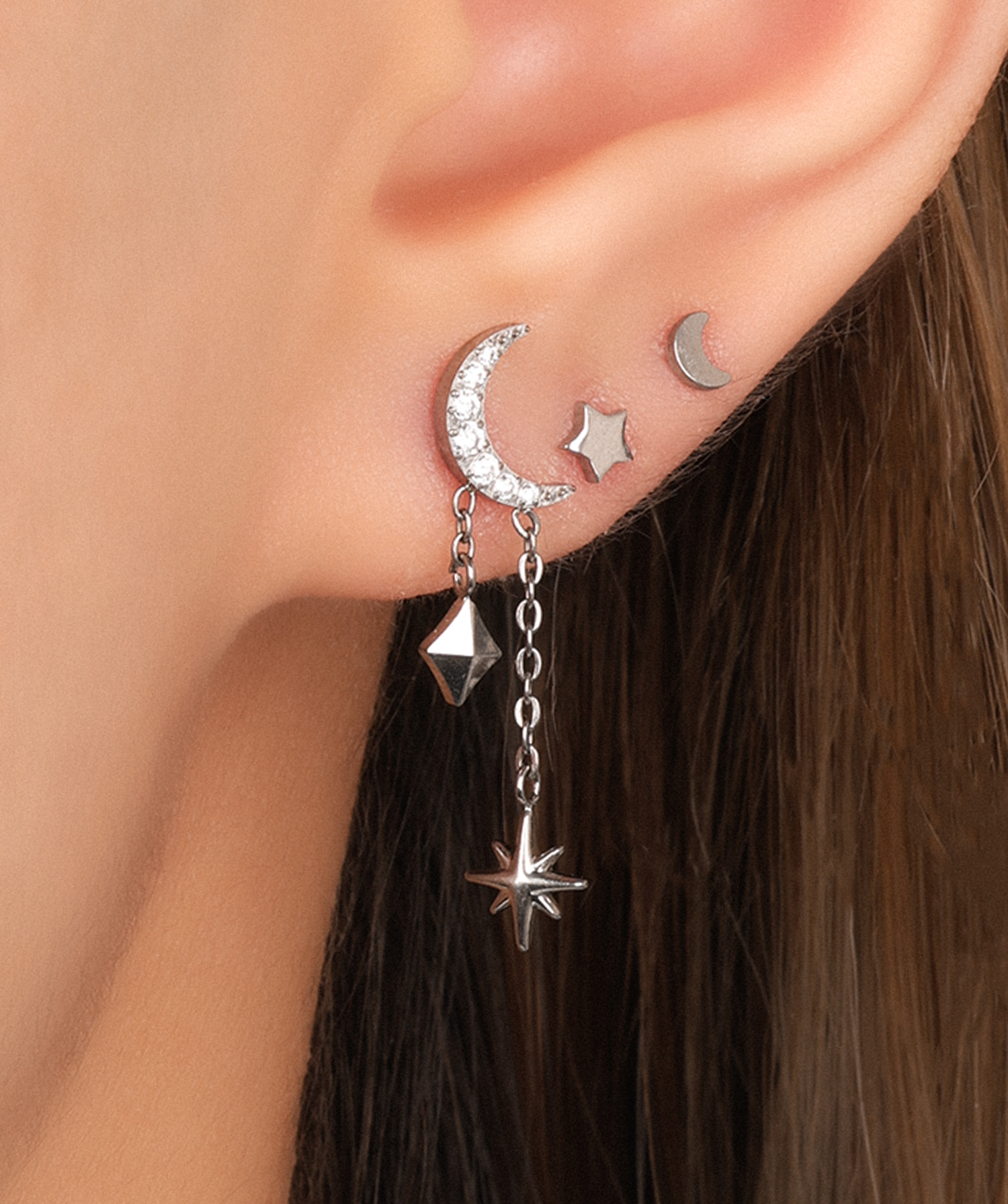 Titanium Crescent Chain Drop Stud - OumoJewelry