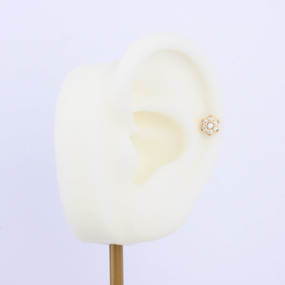 Gem Flower Flatback Stud - Stainless Steel - Helix, Upper Lobe, Conch - Oumo Jewelry
