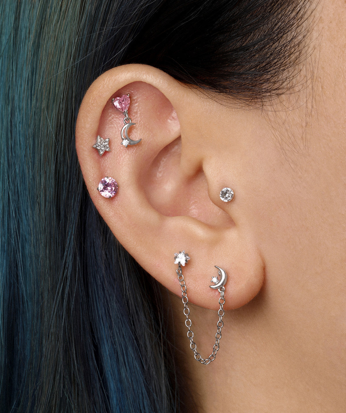 Love Moon Drop - Stainless Steel - Upper Lobe, Flat, Helix - Oumo Jewelry
