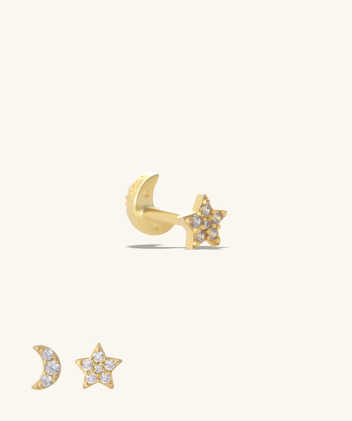 Moon Star Reversible Flatback Stud - Sterling Silver 925 - Helix, Forward Helix, Upper Lobe - Oumo Jewelry