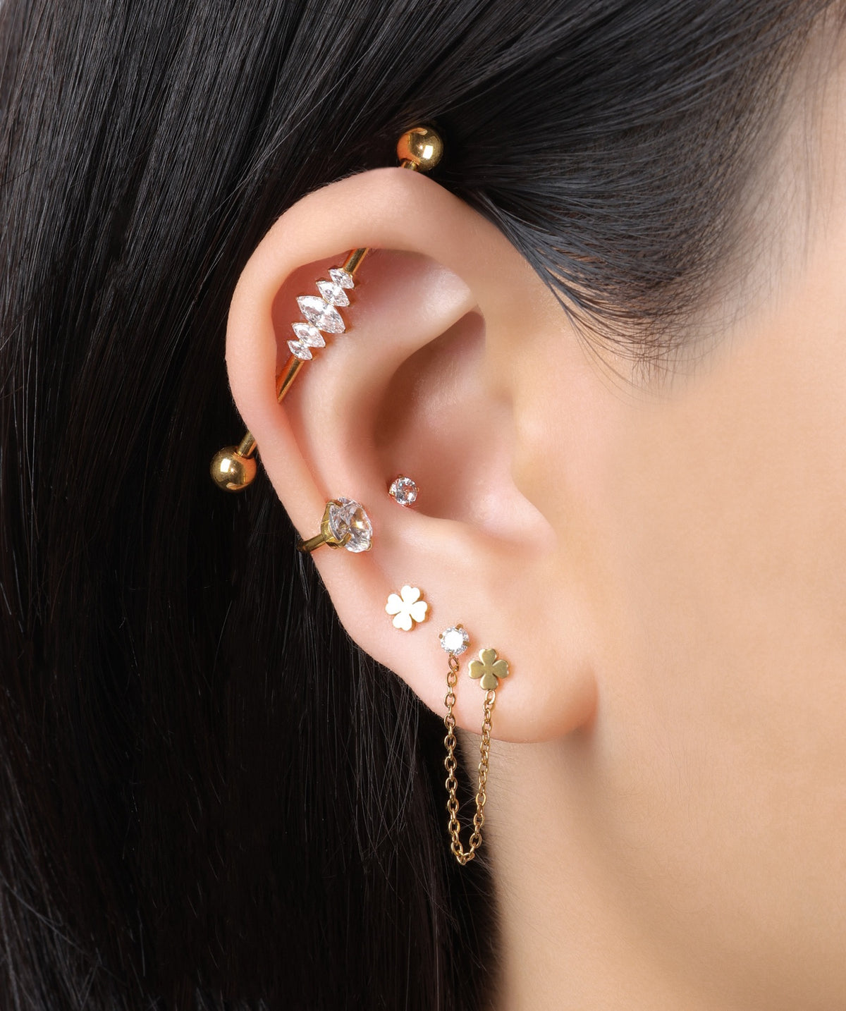 Four-Leaf Clover Chain Stud - Stainless Steel - Lobe, Upper Lobe - Oumo Jewelry