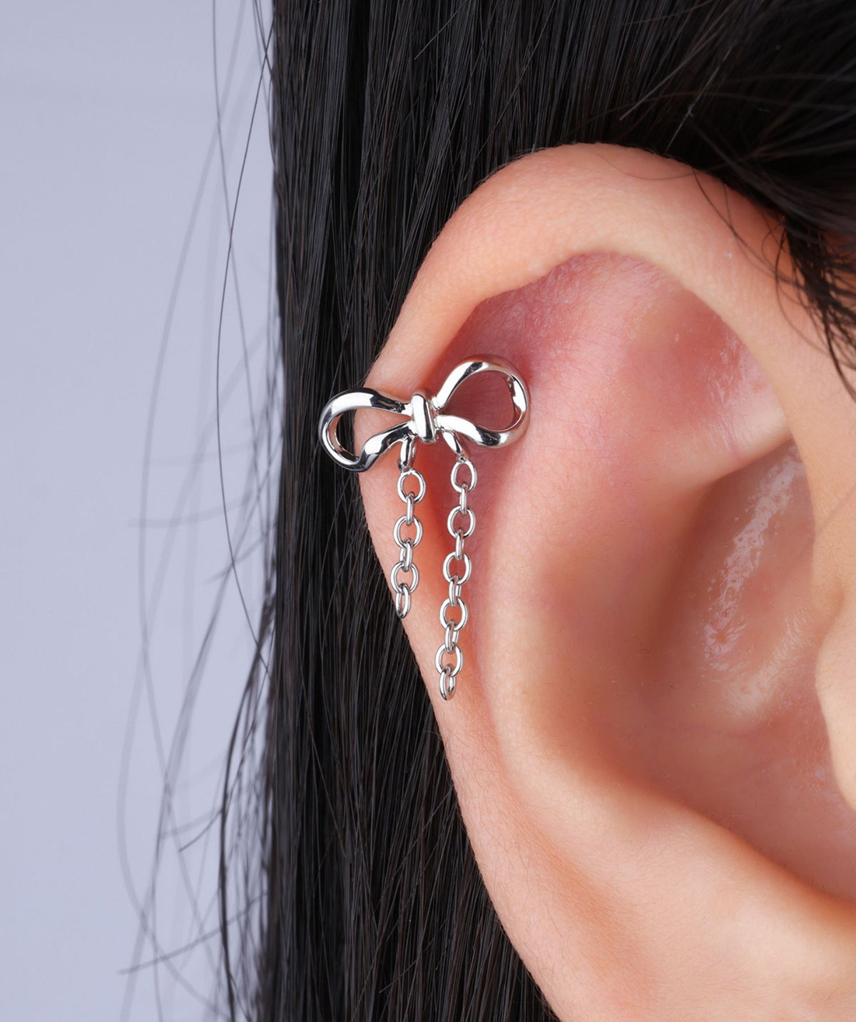 Sweet Bow Chain Drop - Stainless Steel - Upper Lobe, Helix, Flat - Oumo Jewelry