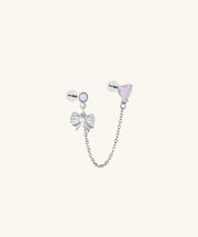 Pink Heart Bow Chain Stud - Stainless Steel - Lobe, Upper Lobe - Oumo Jewelry