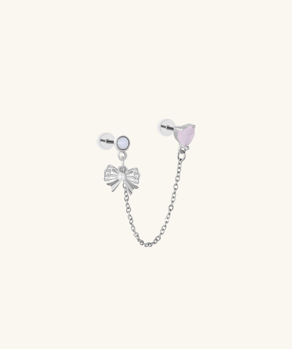 Pink Heart Bow Chain Stud - Stainless Steel - Lobe, Upper Lobe - Oumo Jewelry