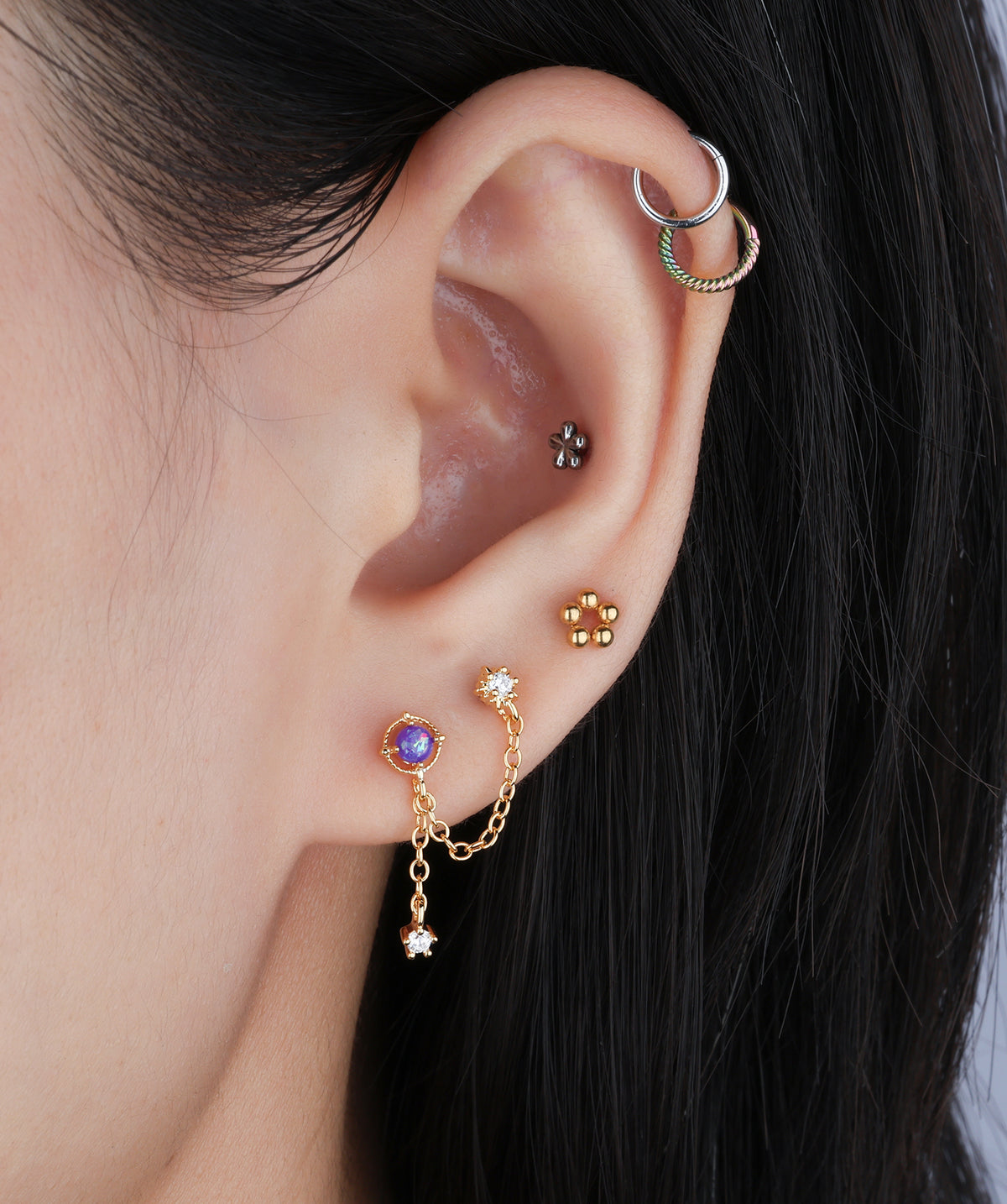 Mystery Opal Chain Earring - Stainless Steel - Lobe, Upper Lobe - Oumo Jewelry