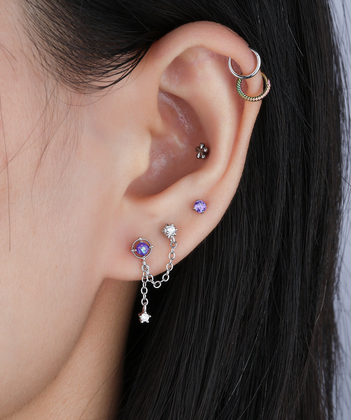 Mystery Opal Chain Earring - Stainless Steel - Lobe, Upper Lobe - Oumo Jewelry