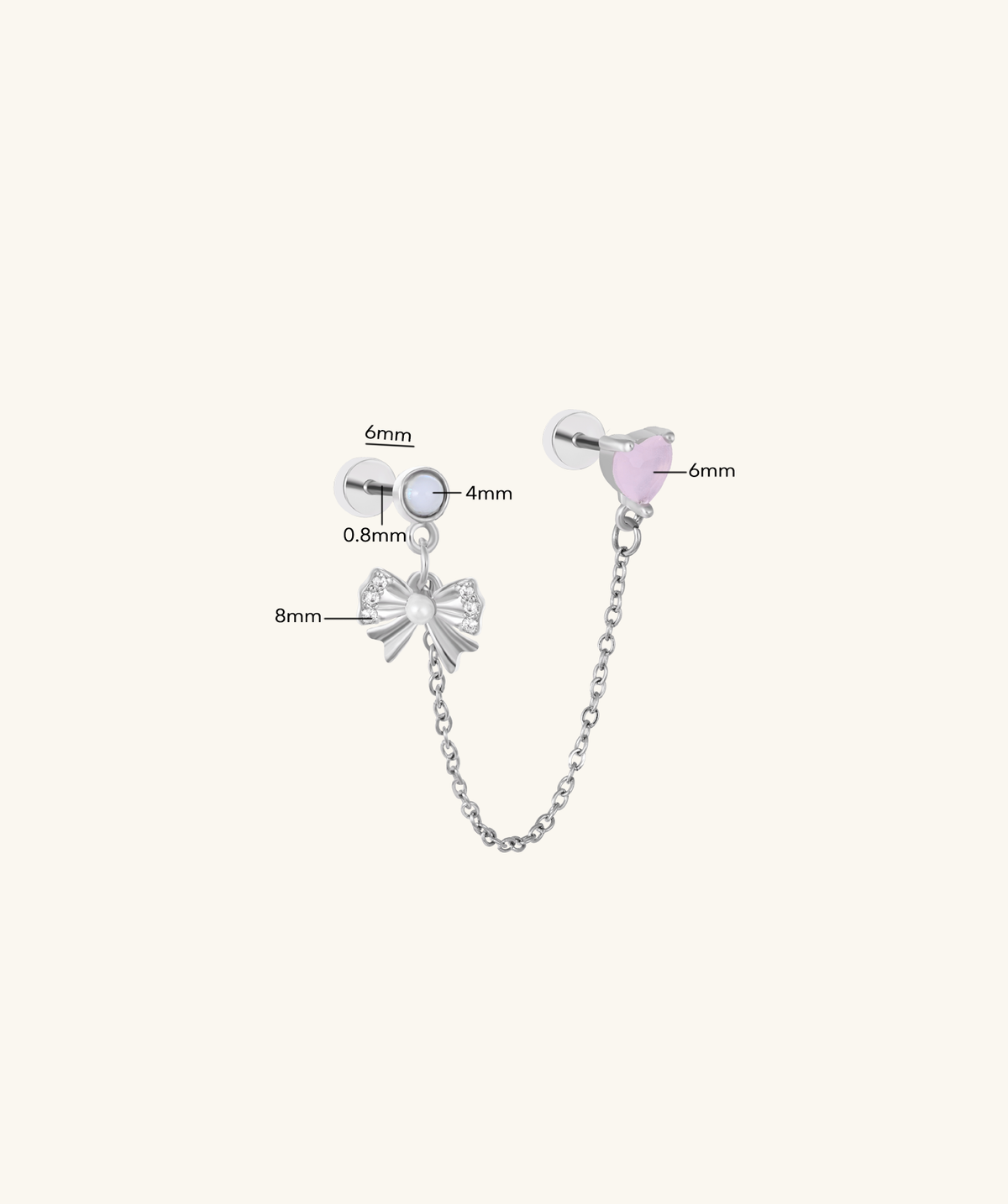 Pink Heart Bow Chain Stud - Stainless Steel - Lobe, Upper Lobe - Oumo Jewelry