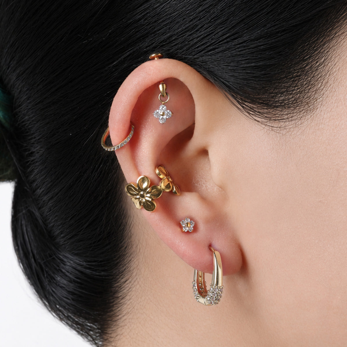 Titanium Flower Vertical Helix Flatback Stud - Titanium - Vertical Labret - Oumo Jewelry