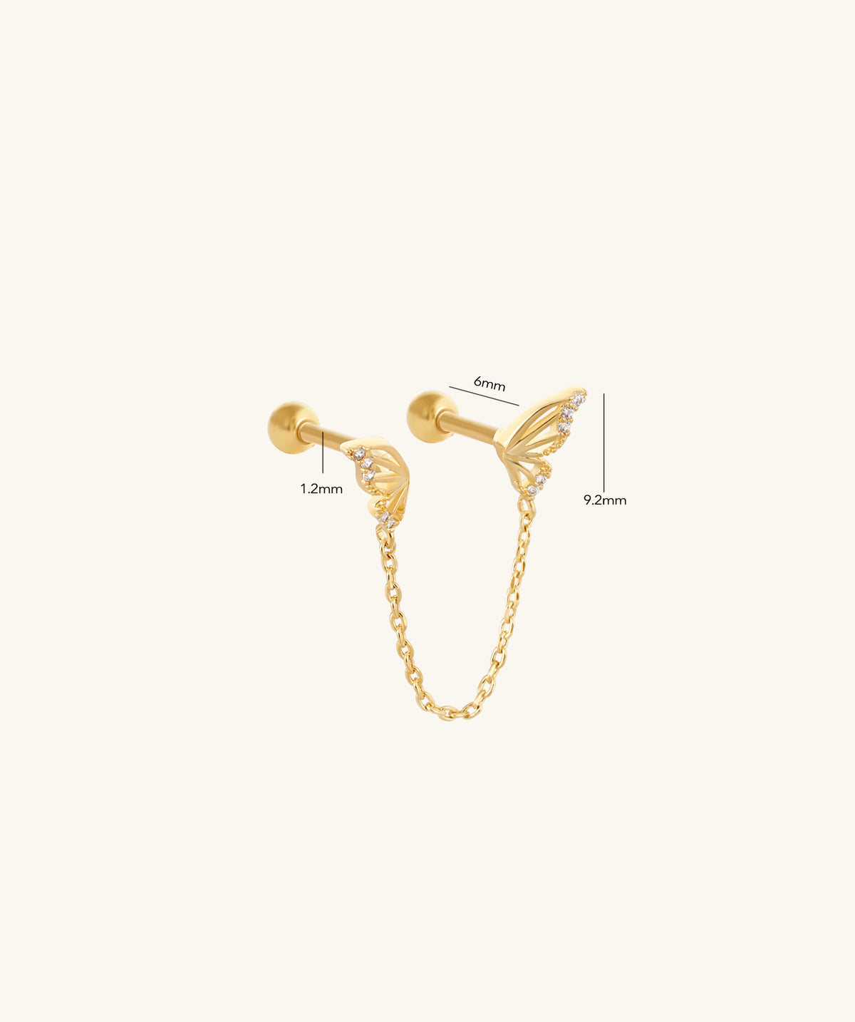 Butterfly Chain Stud - Stainless Steel - Lobe, Upper Lobe - Oumo Jewelry