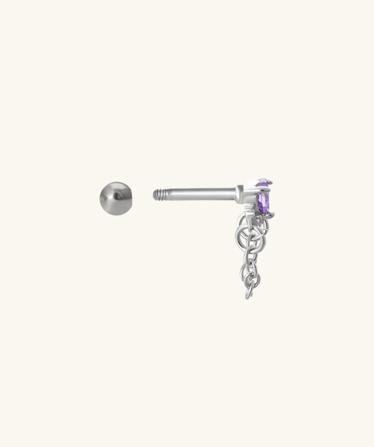 Amethyst Charm Stud - Stainless Steel - Upper Lobe, Helix, Flat - Oumo Jewelry