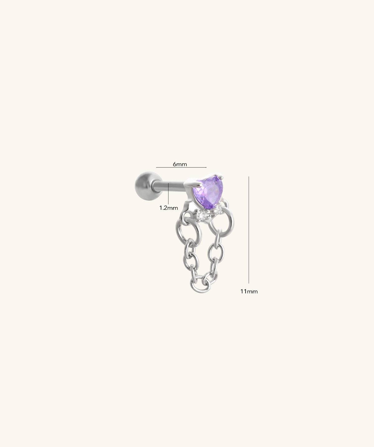 Amethyst Charm Stud - Stainless Steel - Upper Lobe, Helix, Flat - Oumo Jewelry