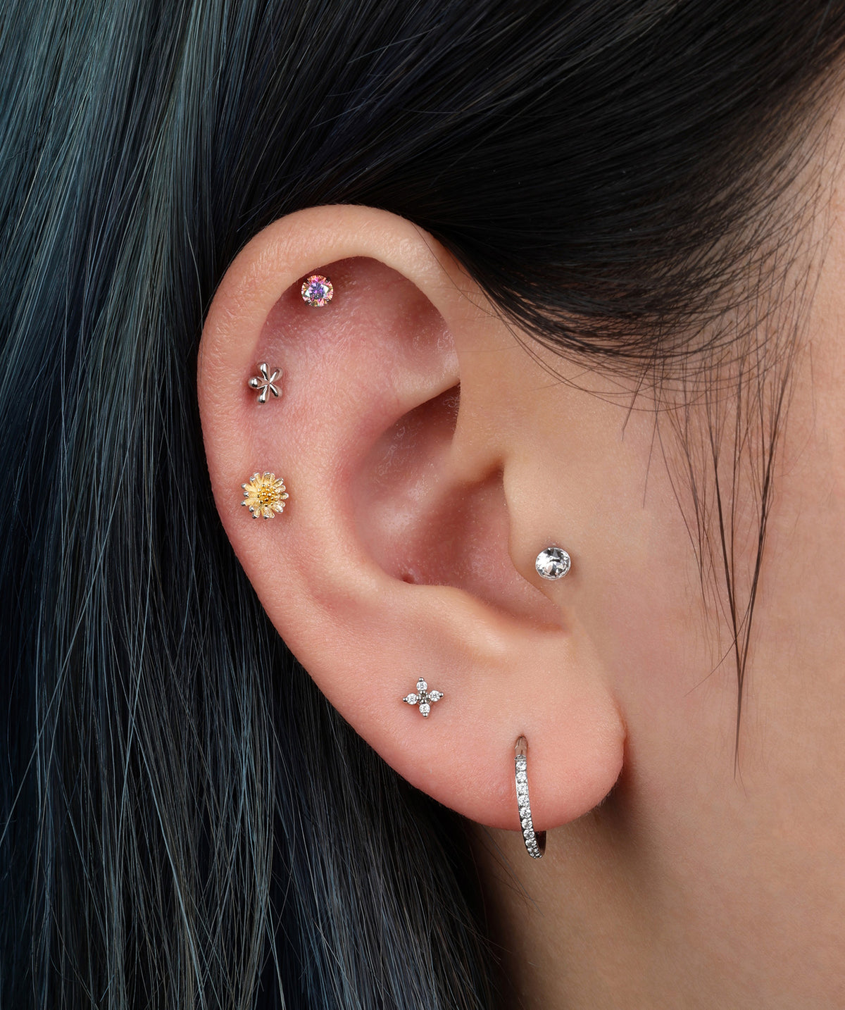 Mini Flower Stud - Stainless Steel - Upper Lobe, Helix, Flat - Oumo Jewelry