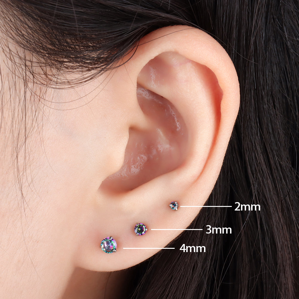 Colorful Round Gemstone Stud - Stainless Steel - Upper Lobe, Helix, Flat - Oumo Jewelry
