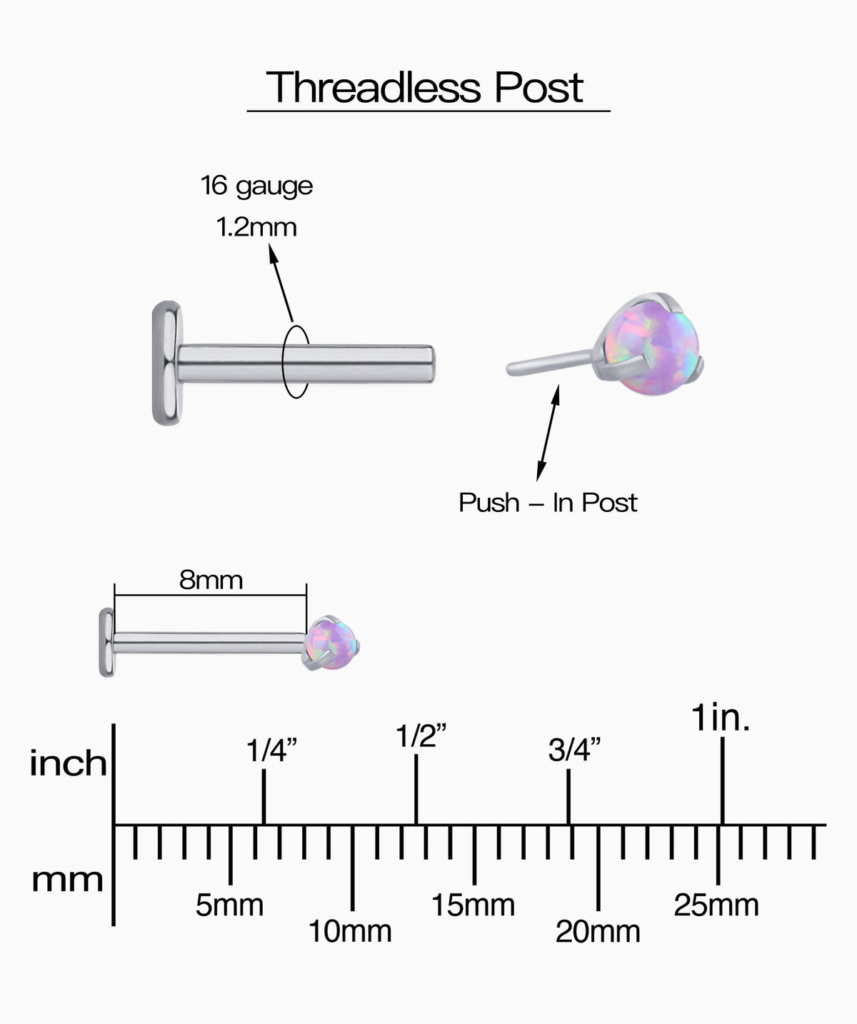 Charming Opal Ball Flatback Stud - Stainless Steel - Helix, Forward Helix, Upper Lobe - Oumo Jewelry