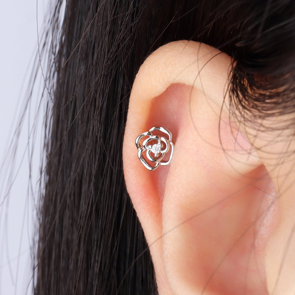 Hollow Rose Flower Stud - Stainless Steel - Upper Lobe, Helix - Oumo Jewelry