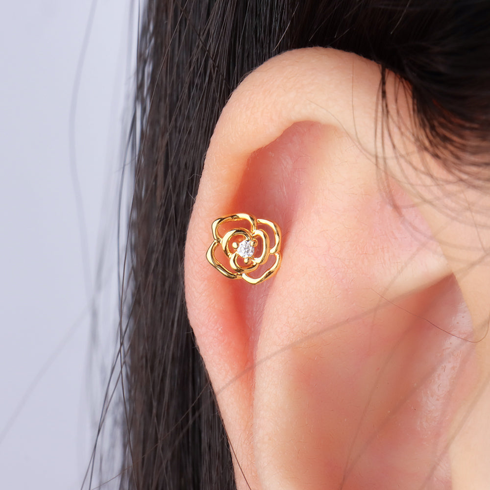 Hollow Rose Flower Stud - Stainless Steel - Upper Lobe, Helix - Oumo Jewelry