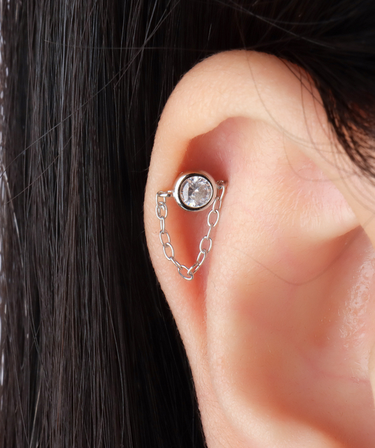 Sparkling Gemstone Chain Flatback Stud - Sterling Silver 925 - Upper Lobe, Flat - Oumo Jewelry