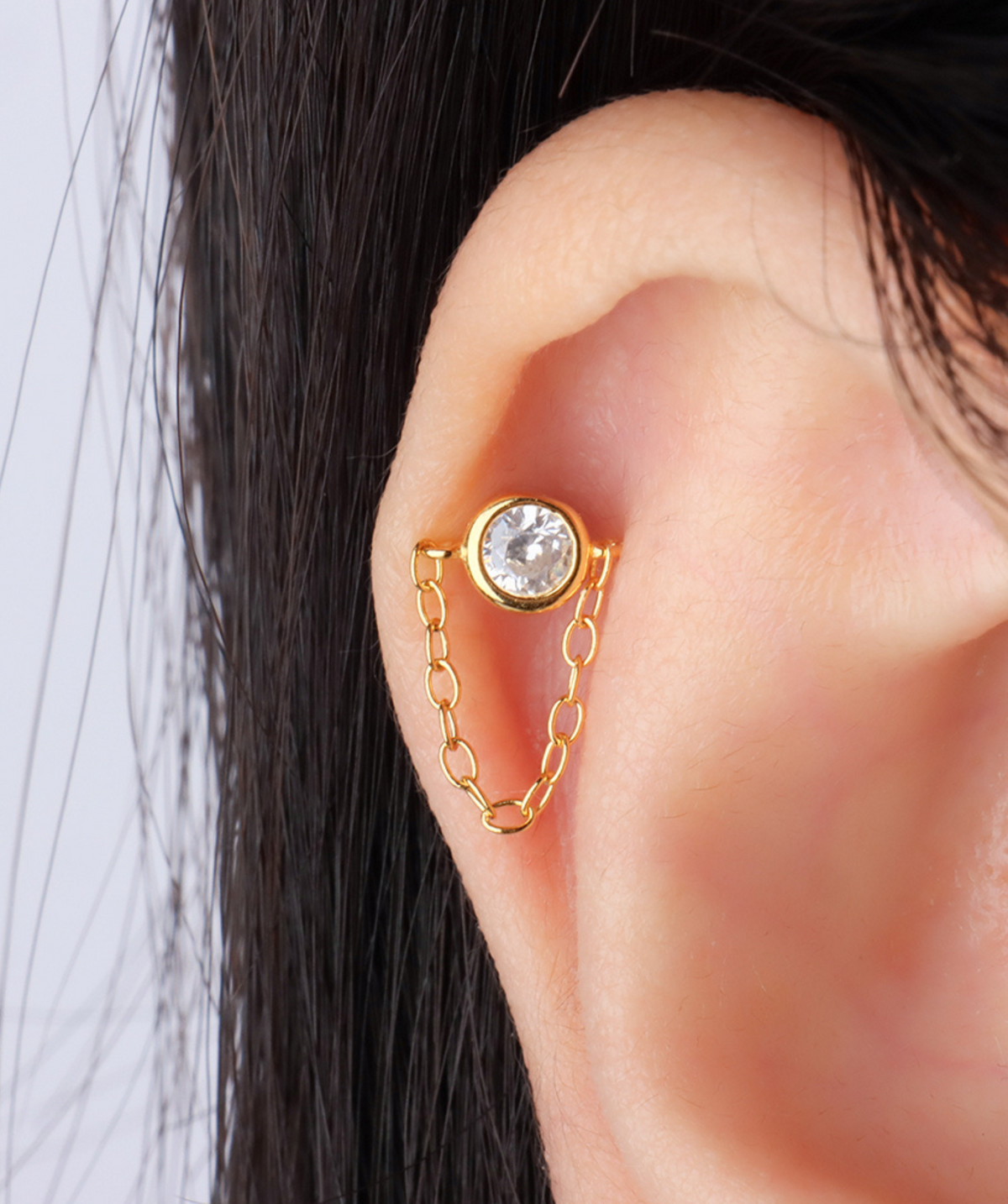 Sparkling Gemstone Chain Flatback Stud - Sterling Silver 925 - Upper Lobe, Flat - Oumo Jewelry