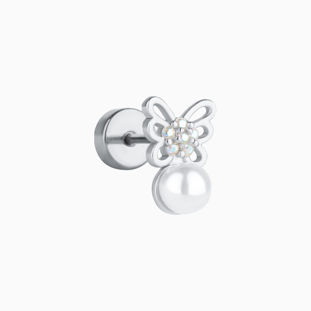 Butterfly Pearl Flatback Stud - Stainless Steel - Helix, Upper Lobe, Flat - Oumo Jewelry