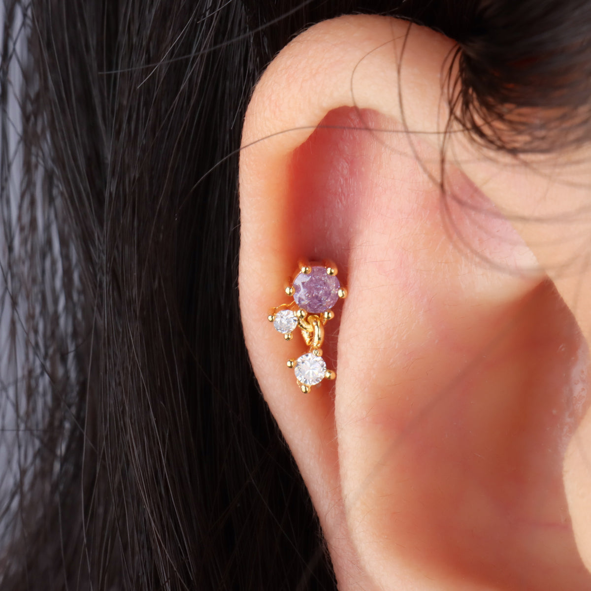 Alluring Purple Gemstone Drop - Stainless Steel - Upper Lobe, Helix, Flat - Oumo Jewelry