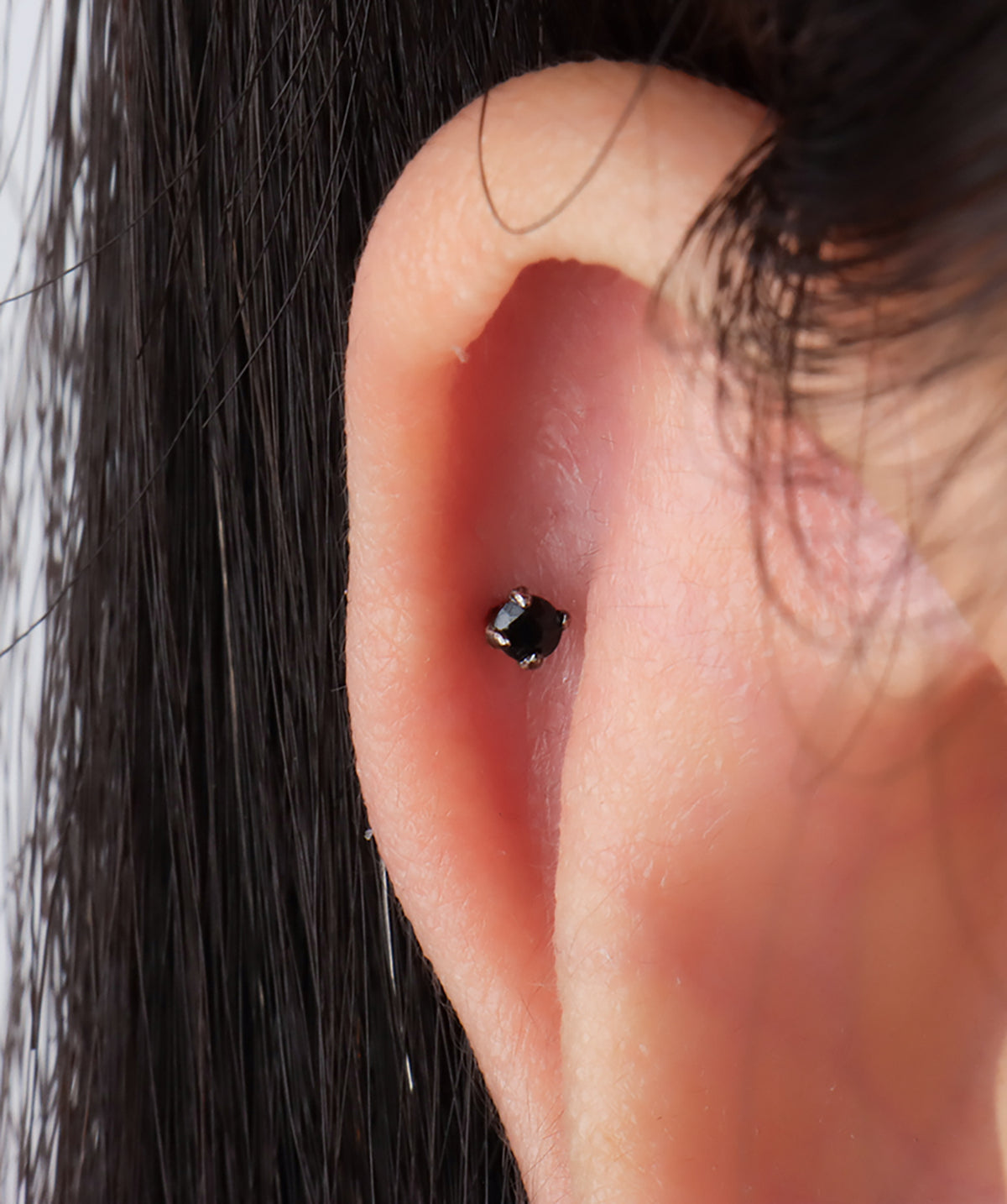 Basic Black Gemstone Stud - Sterling Silver 925 - Upper Lobe, Helix, Flat - Oumo Jewelry