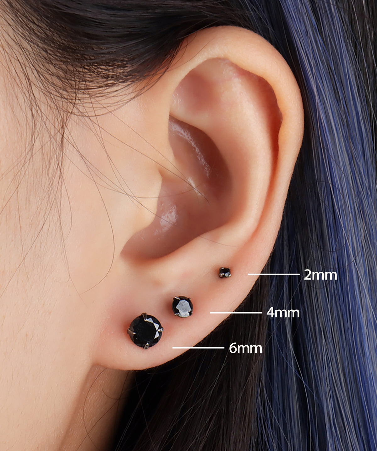 Basic Black Gemstone Stud - Sterling Silver 925 - Upper Lobe, Helix, Flat - Oumo Jewelry
