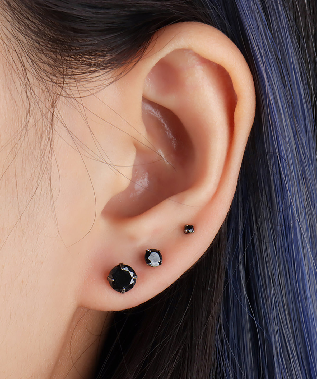 Basic Black Gemstone Stud - Sterling Silver 925 - Upper Lobe, Helix, Flat - Oumo Jewelry