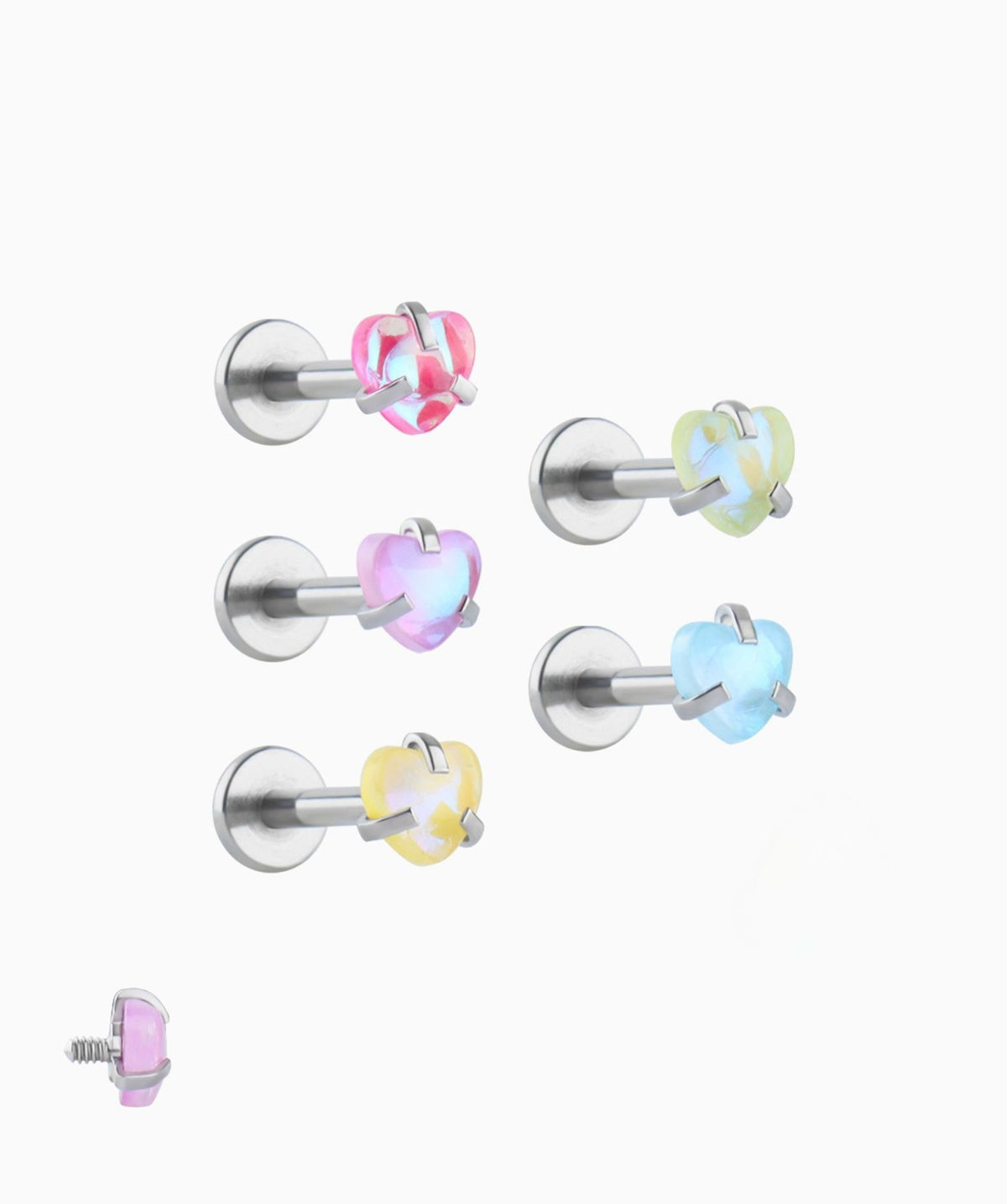 Colorful Gem Heart Flatback Stud - Stainless Steel - Helix, Forward Helix, Upper Lobe - Oumo Jewelry