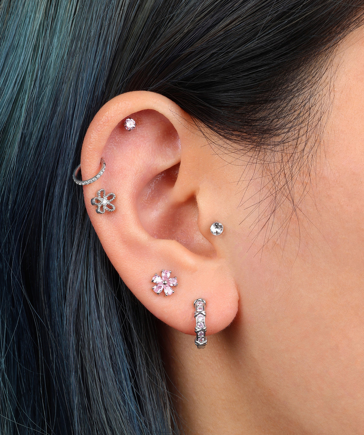 Pink Flower Stud - Stainless Steel - Upper Lobe, Helix - Oumo Jewelry