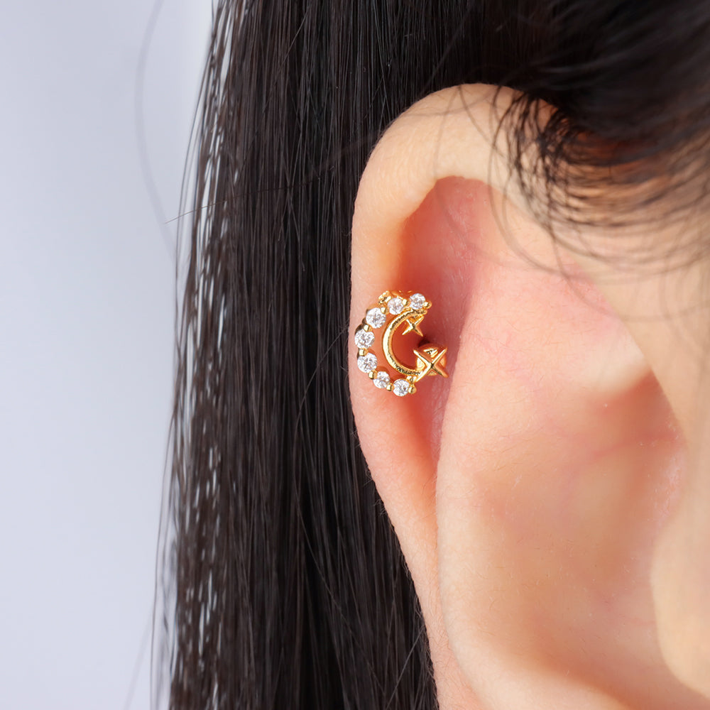 Delicate Crescent Star Stud - Stainless Steel - Upper Lobe, Helix - Oumo Jewelry