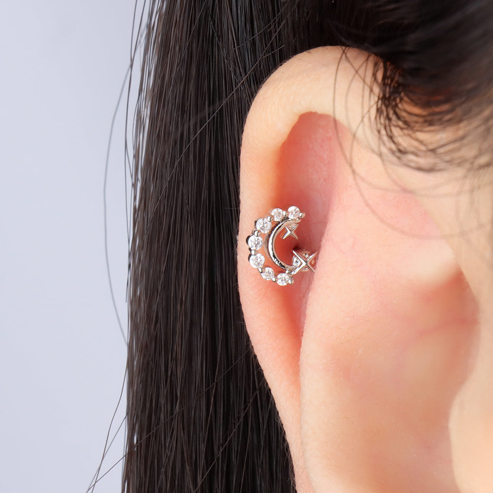 Delicate Crescent Star Stud - Stainless Steel - Upper Lobe, Helix - Oumo Jewelry