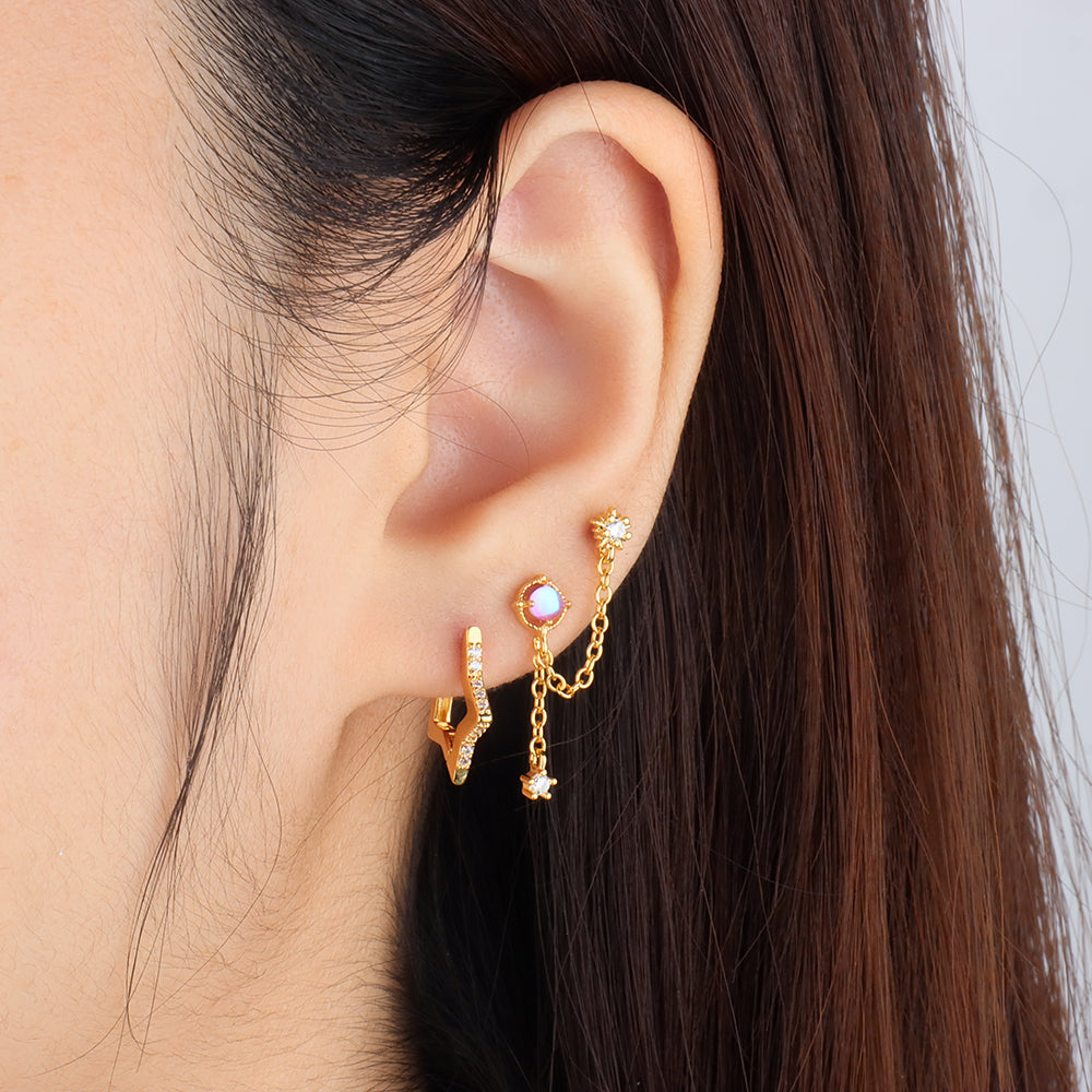 Mystery Opal Chain Earring - Stainless Steel - Lobe, Upper Lobe - Oumo Jewelry