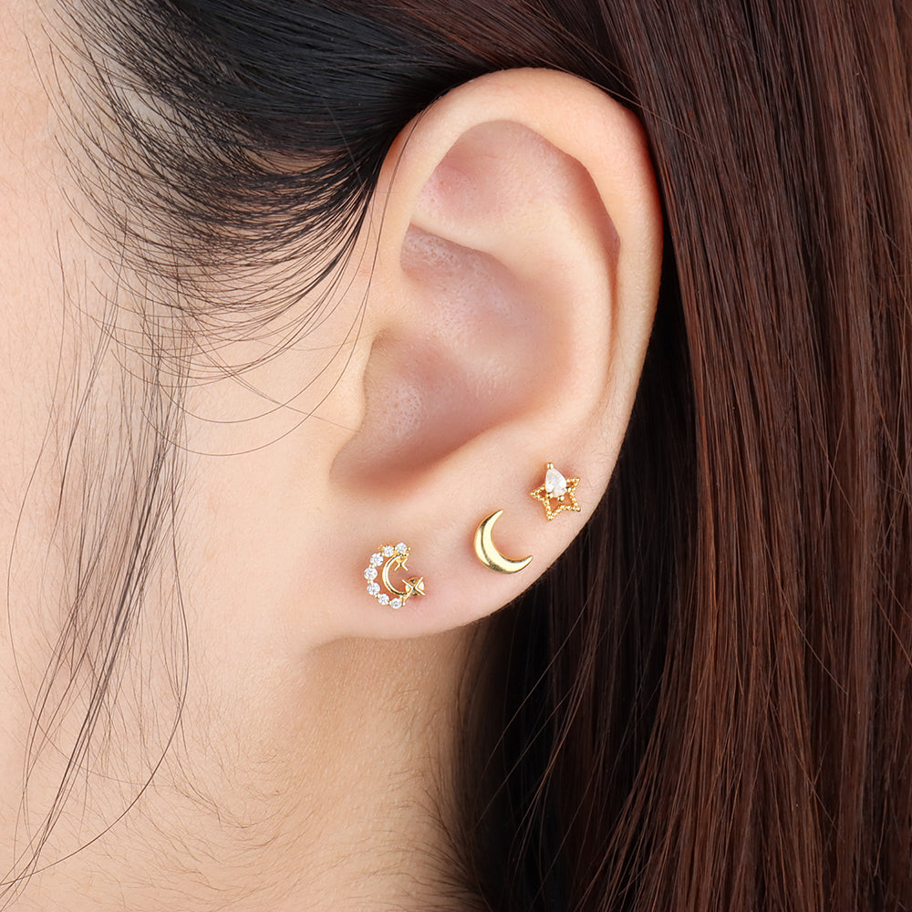 Delicate Crescent Star Stud - Stainless Steel - Upper Lobe, Helix - Oumo Jewelry