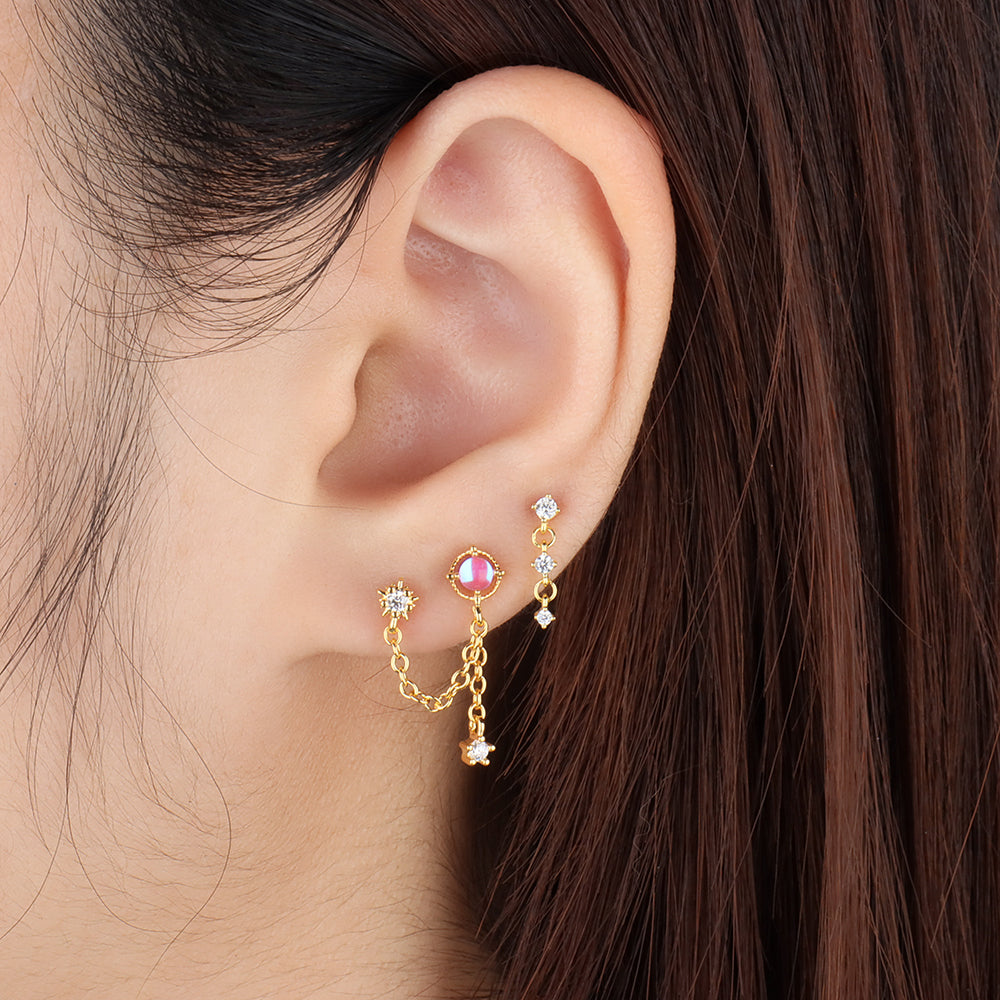 Mystery Opal Chain Earring - Stainless Steel - Lobe, Upper Lobe - Oumo Jewelry