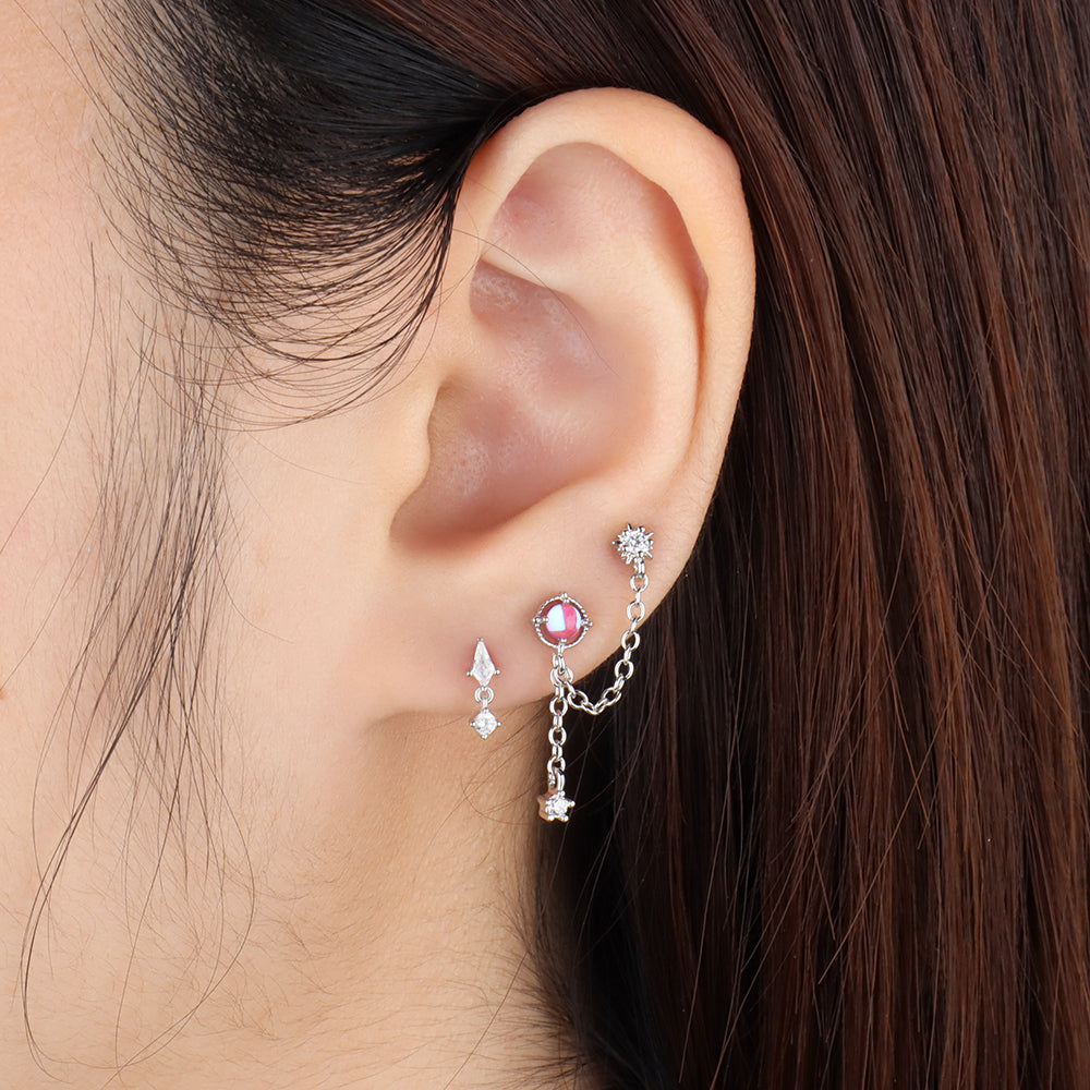 Mystery Opal Chain Earring - Stainless Steel - Lobe, Upper Lobe - Oumo Jewelry