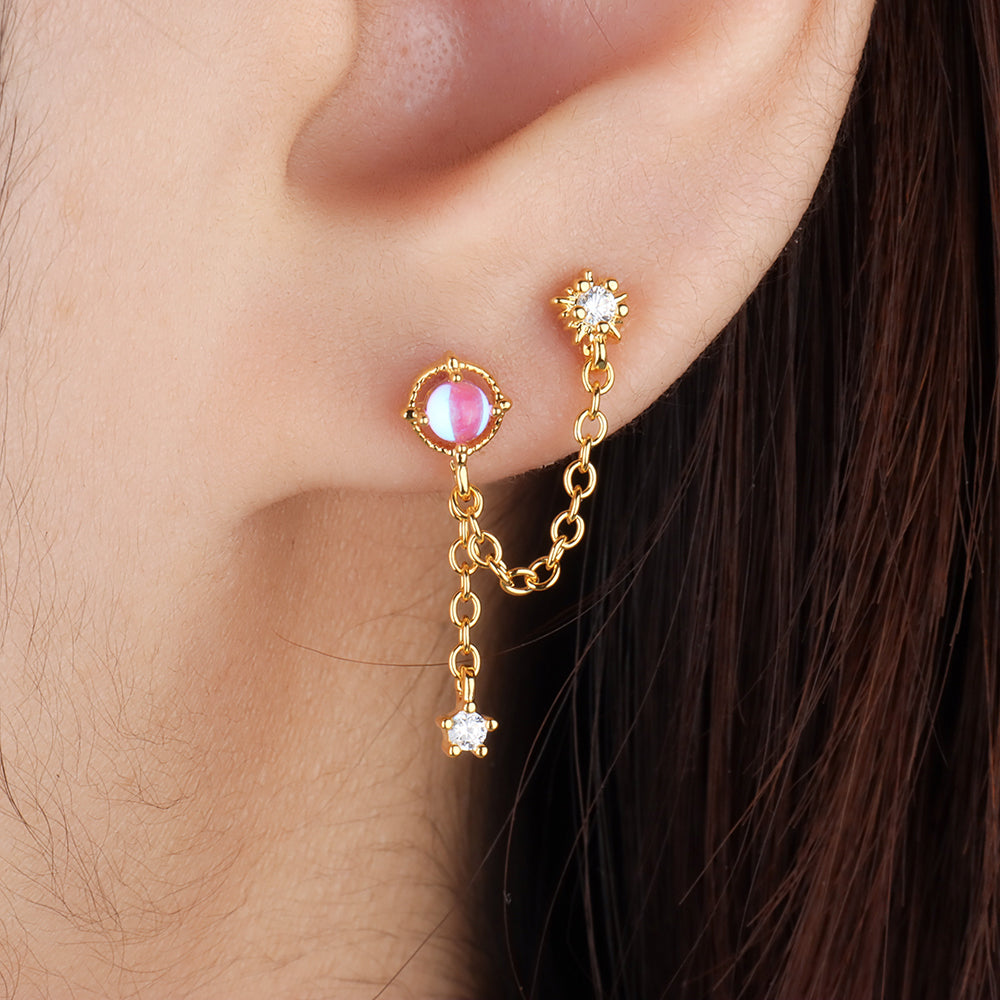 Mystery Opal Chain Earring - Stainless Steel - Lobe, Upper Lobe - Oumo Jewelry