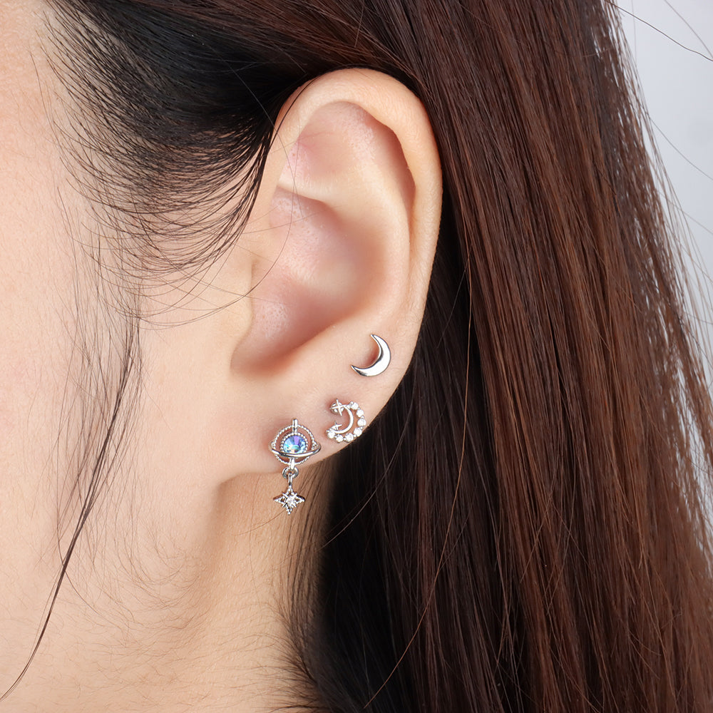 Delicate Crescent Star Stud - Stainless Steel - Upper Lobe, Helix - Oumo Jewelry