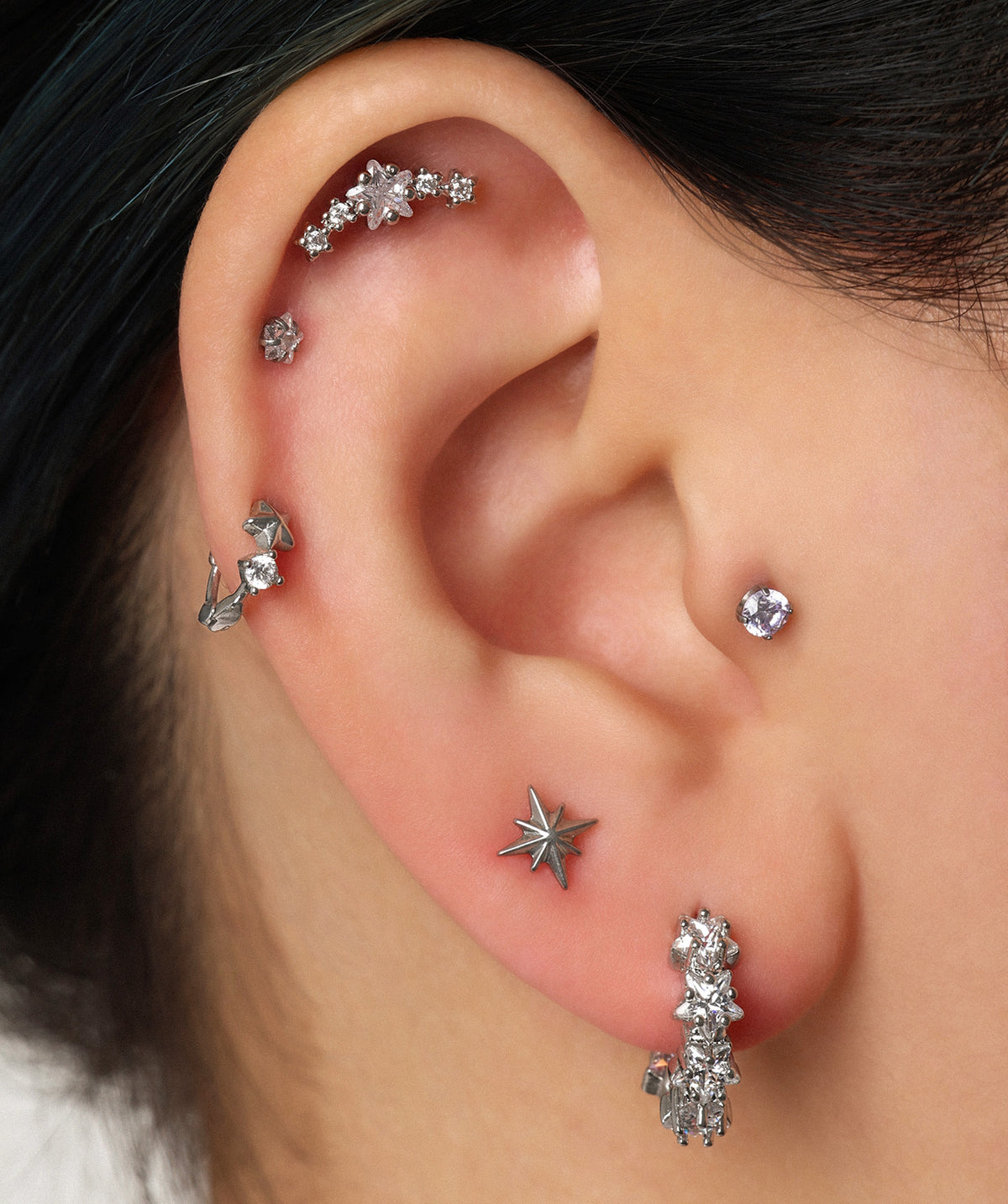 Dazzling Star Flatback Stud - Stainless Steel - Helix, Upper Lobe, Flat - Oumo Jewelry