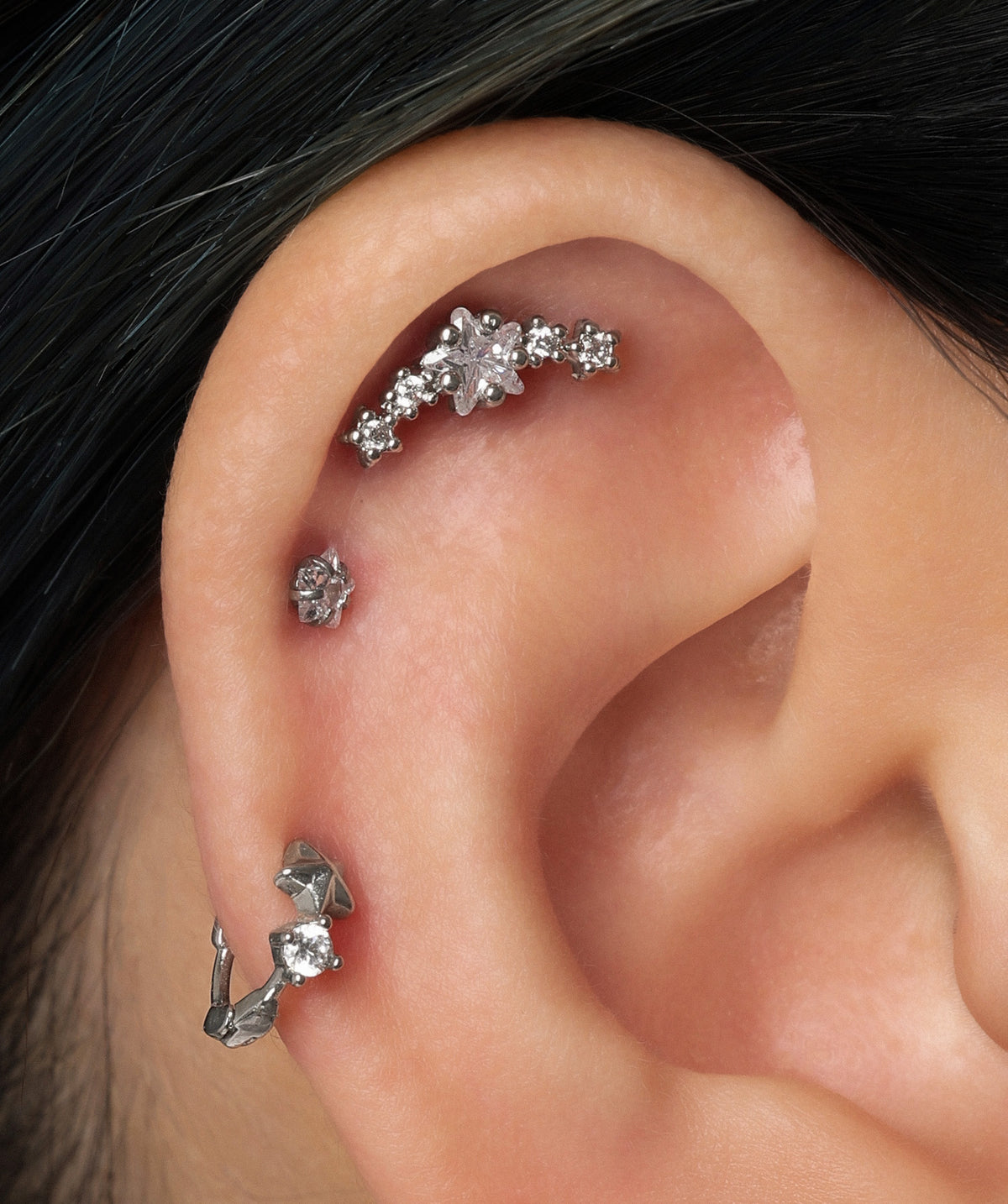 Dazzling Star Flatback Stud - Stainless Steel - Helix, Upper Lobe, Flat - Oumo Jewelry