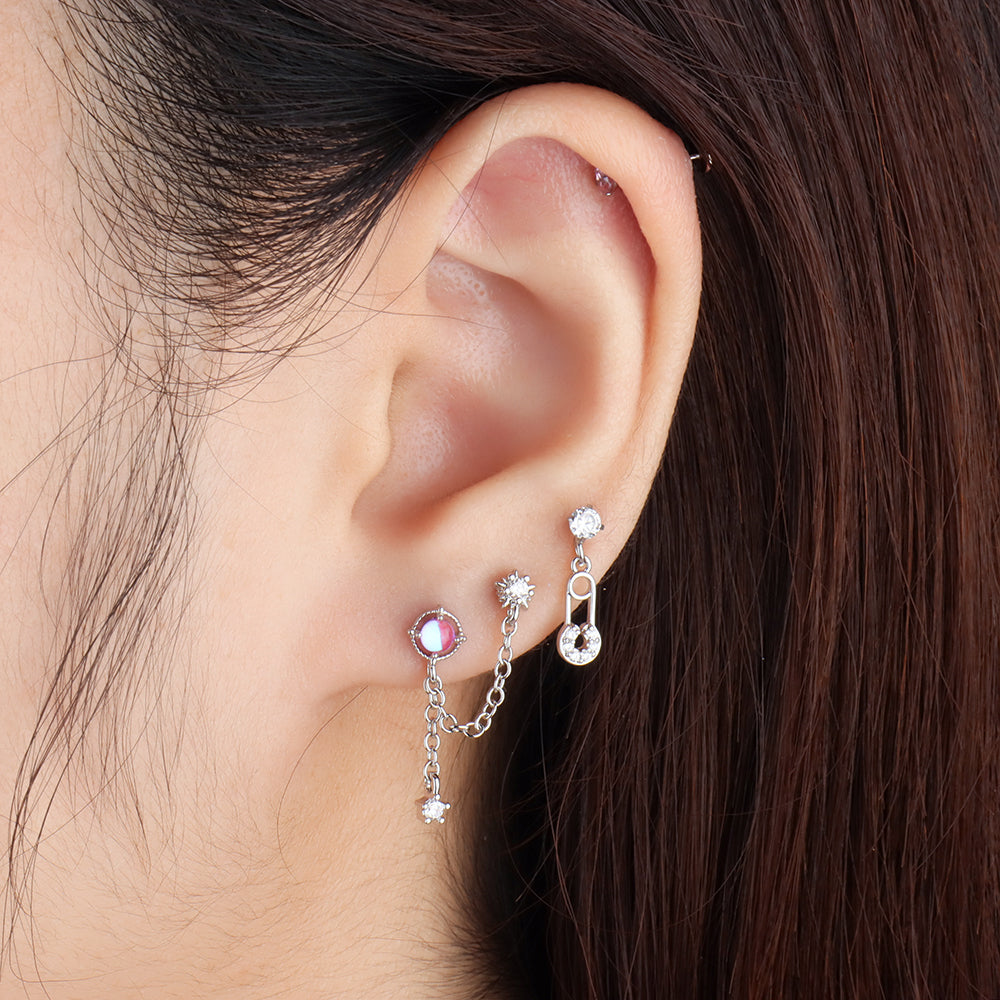 Mystery Opal Chain Earring - Stainless Steel - Lobe, Upper Lobe - Oumo Jewelry