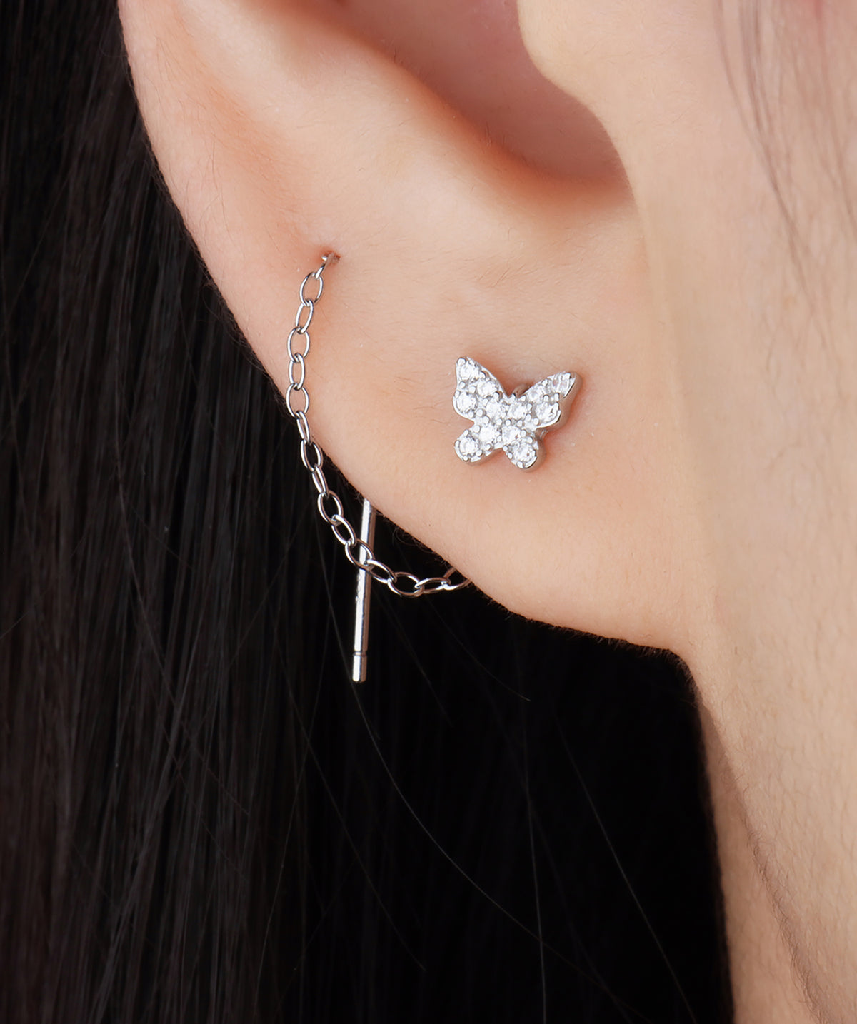 Sparkling Butterfly Ear Threads - Sterling Silver 925 - Oumo Jewelry