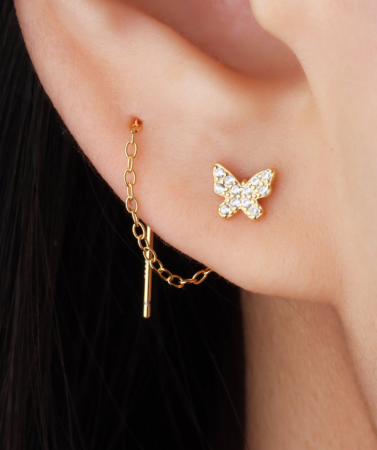 Sparkling Butterfly Ear Threads - Sterling Silver 925 - Oumo Jewelry