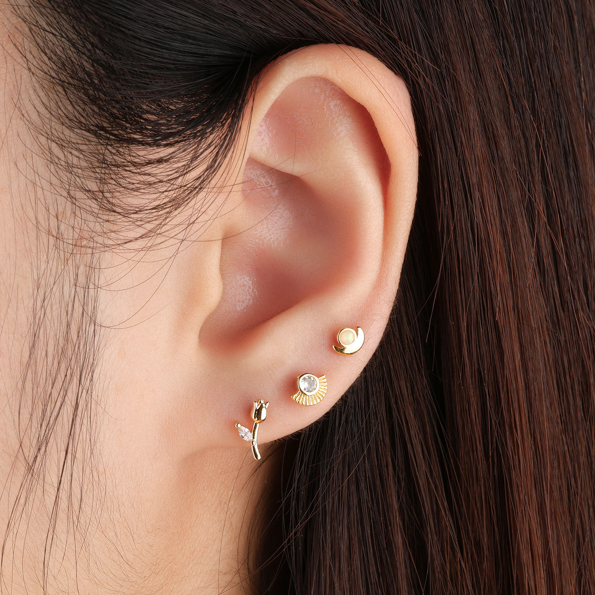 Fan Shaped Gemstone Stud - Stainless Steel - Upper Lobe, Helix - Oumo Jewelry