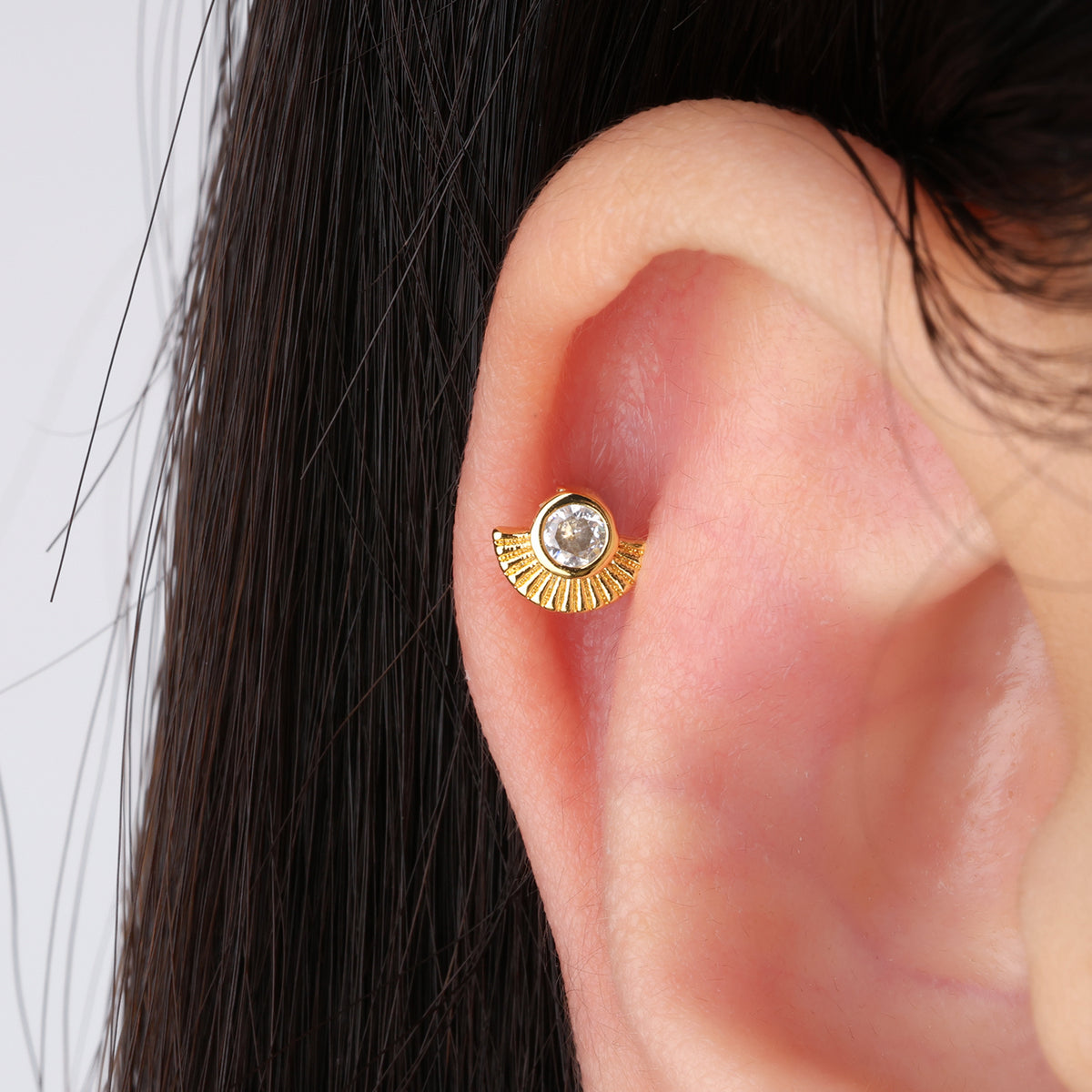 Fan Shaped Gemstone Stud - Stainless Steel - Upper Lobe, Helix - Oumo Jewelry