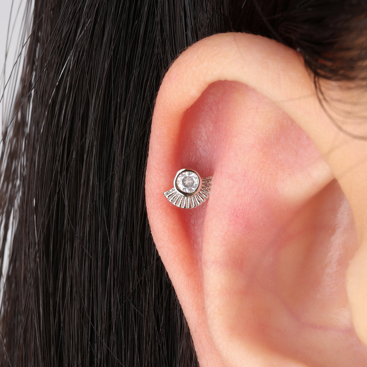 Fan Shaped Gemstone Stud - Stainless Steel - Upper Lobe, Helix - Oumo Jewelry