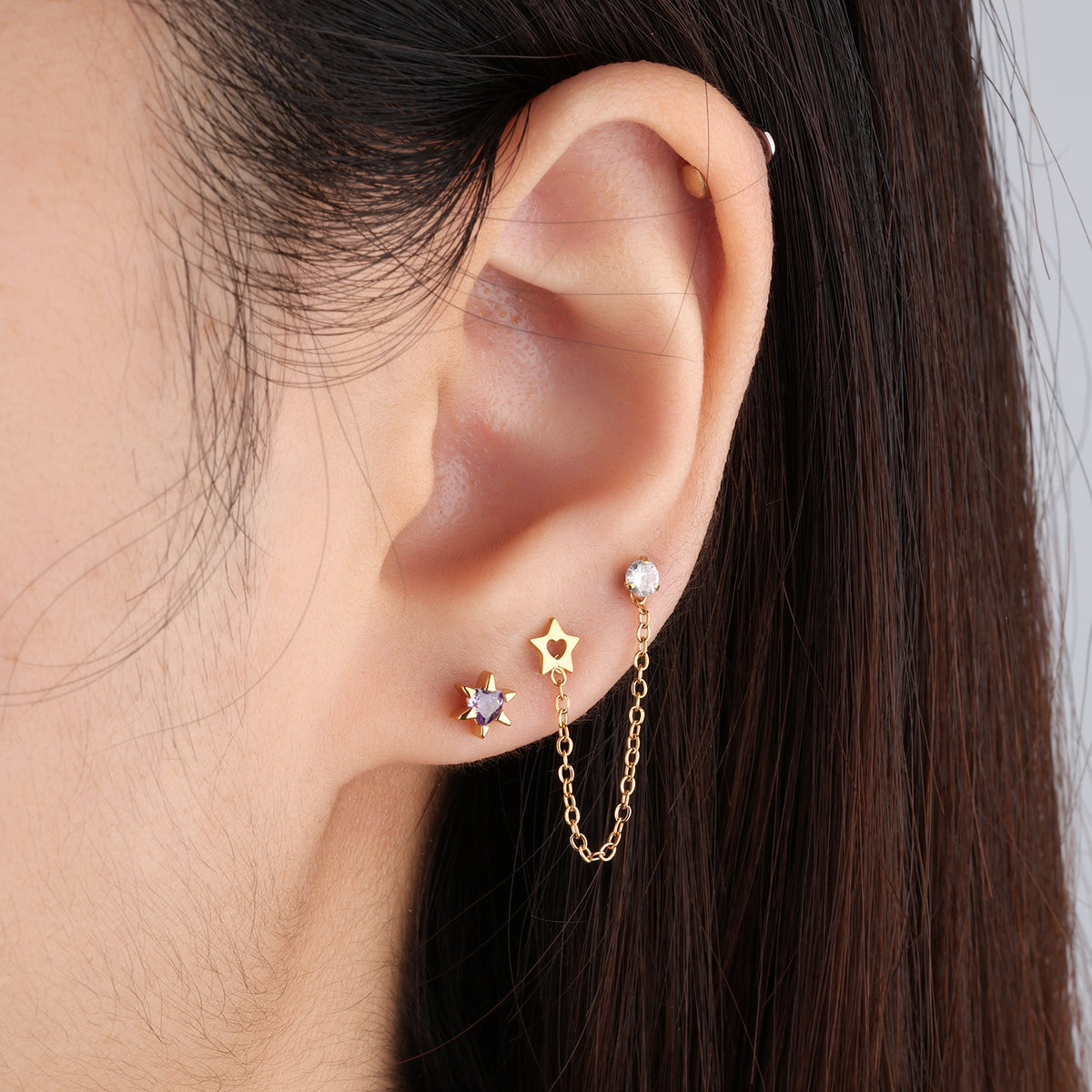 Purple Heart Star Stud - Stainless Steel - Upper Lobe, Helix, Flat - Oumo Jewelry