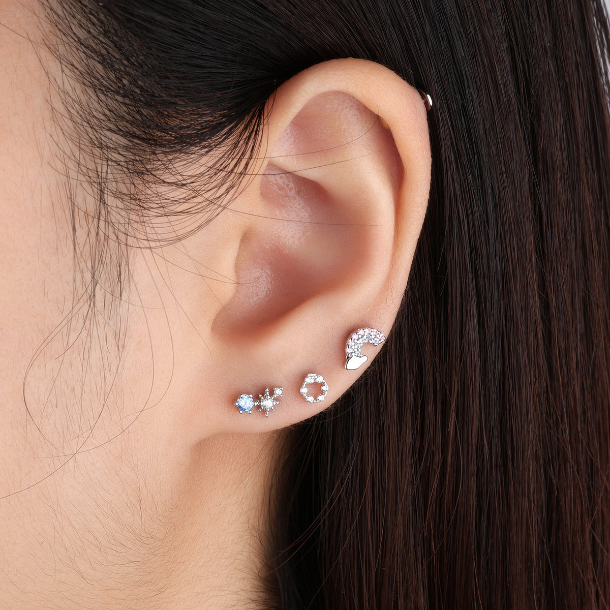 Rainbow Cloud Stud - Stainless Steel - Upper Lobe, Helix - Oumo Jewelry