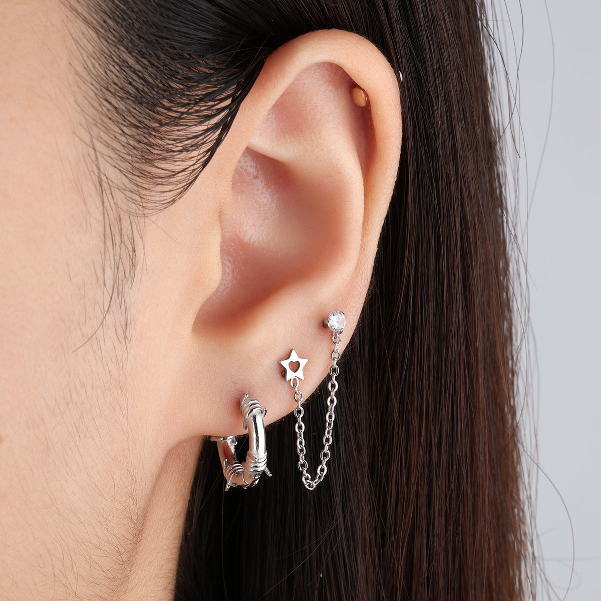 Star Love Chain Earring - Stainless Steel - Lobe, Upper Lobe - Oumo Jewelry